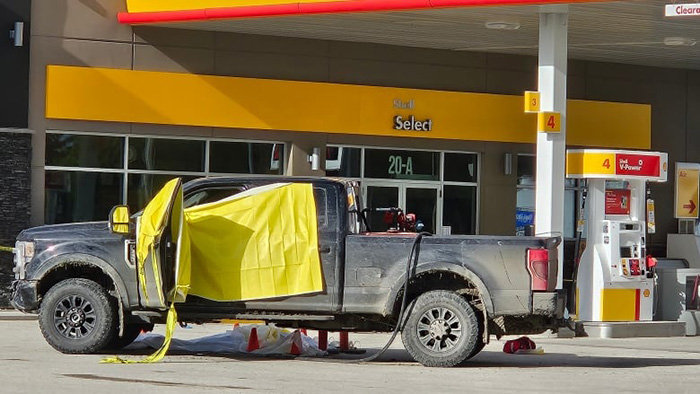 One suspect was shot dead in this vehicle in Niverville Manitoba at 3 am Wednesday.